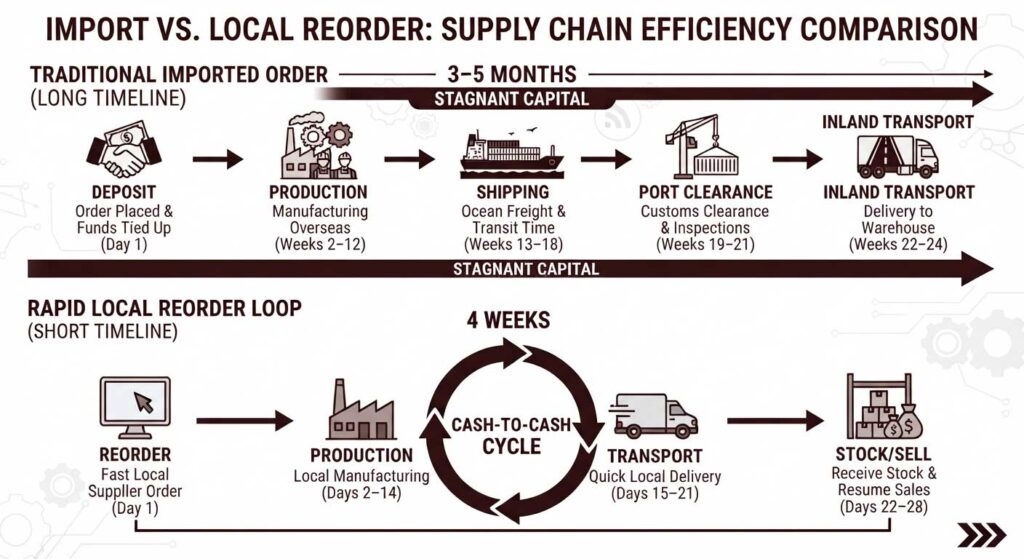 An infographic comparing a traditional imported order supply chain to a rapid local reorder loop. The top half illustrates a 3 to 5-month imported order timeline with stagnant capital, broken into five sequential steps: Deposit (Order Placed & Funds Tied Up, Day 1), Production (Manufacturing Overseas, Weeks 2–12), Shipping (Ocean Freight & Transit Time, Weeks 13–18), Port Clearance (Customs Clearance & Inspections, Weeks 19–21), and Inland Transport (Delivery to Warehouse, Weeks 22–24). The bottom half illustrates a 4-week rapid local reorder loop with a cash-to-cash cycle, broken into four steps: Reorder (Fast Local Supplier Order, Day 1), Production (Local Manufacturing, Days 2–14), Transport (Quick Local Delivery, Days 15–21), and Stock/Sell (Receive Stock & Resume Sales, Days 22–28). All text, icons, and outlines are styled in a dark brown-black color (#401e1f) against a light background.
